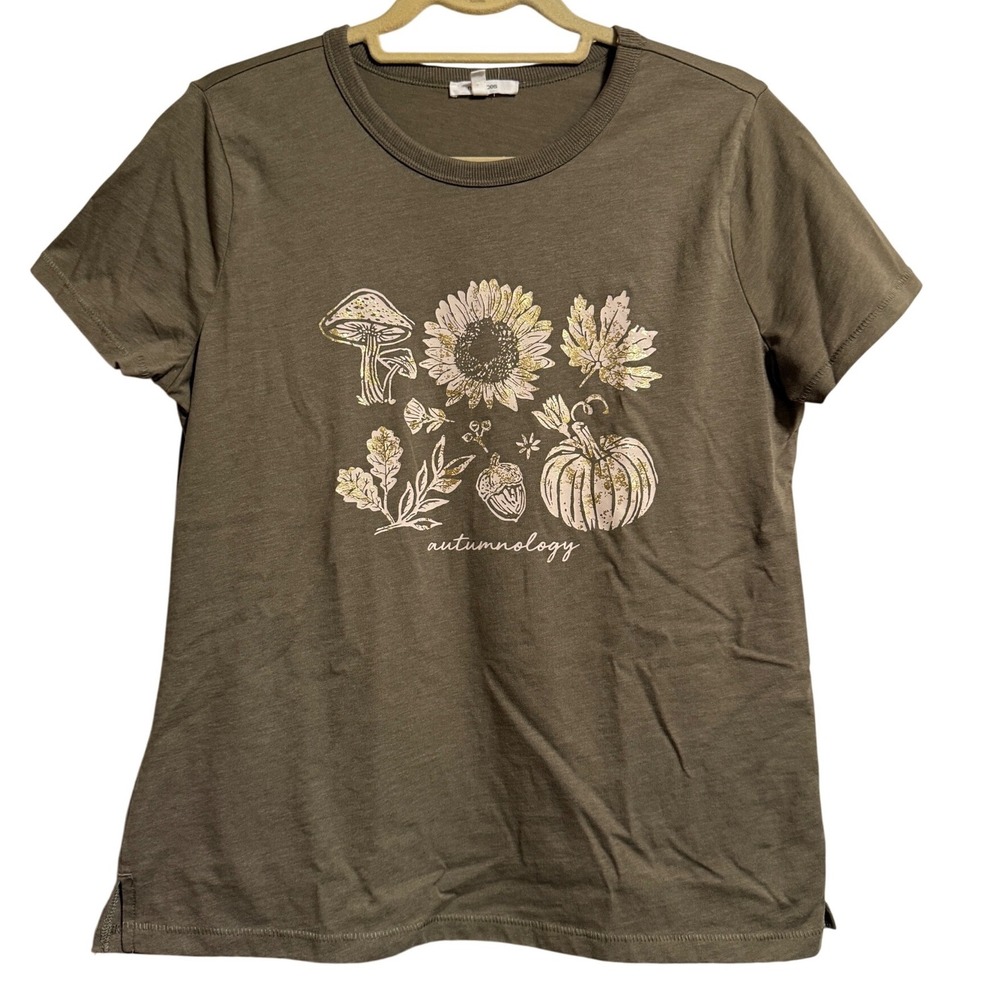 Maurices Womens Autumnnology Graphic Tee Olive Green Fall Pumpkin‎ Mushroom M